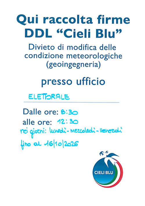 Raccolta firme per la proposta di legge di iniziativa popolare â€œCieli Bluâ€.
